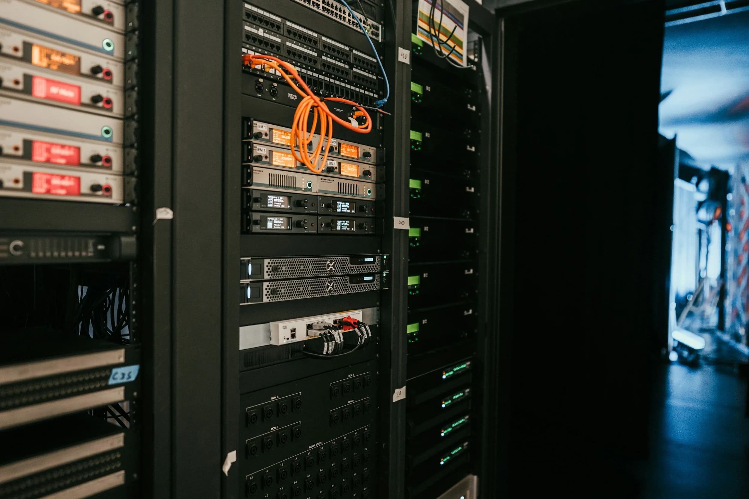 Equipment racks in a server room